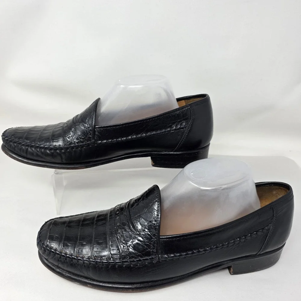 David Eden Loafers Mens 9 Black Crocodile Leather Exotic Penny Moccasin Good